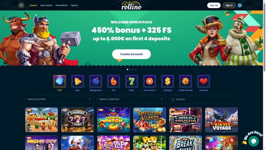 Rollino Online Casino Perk - 450% approximately EUR6,000 + 325 Free Spins
